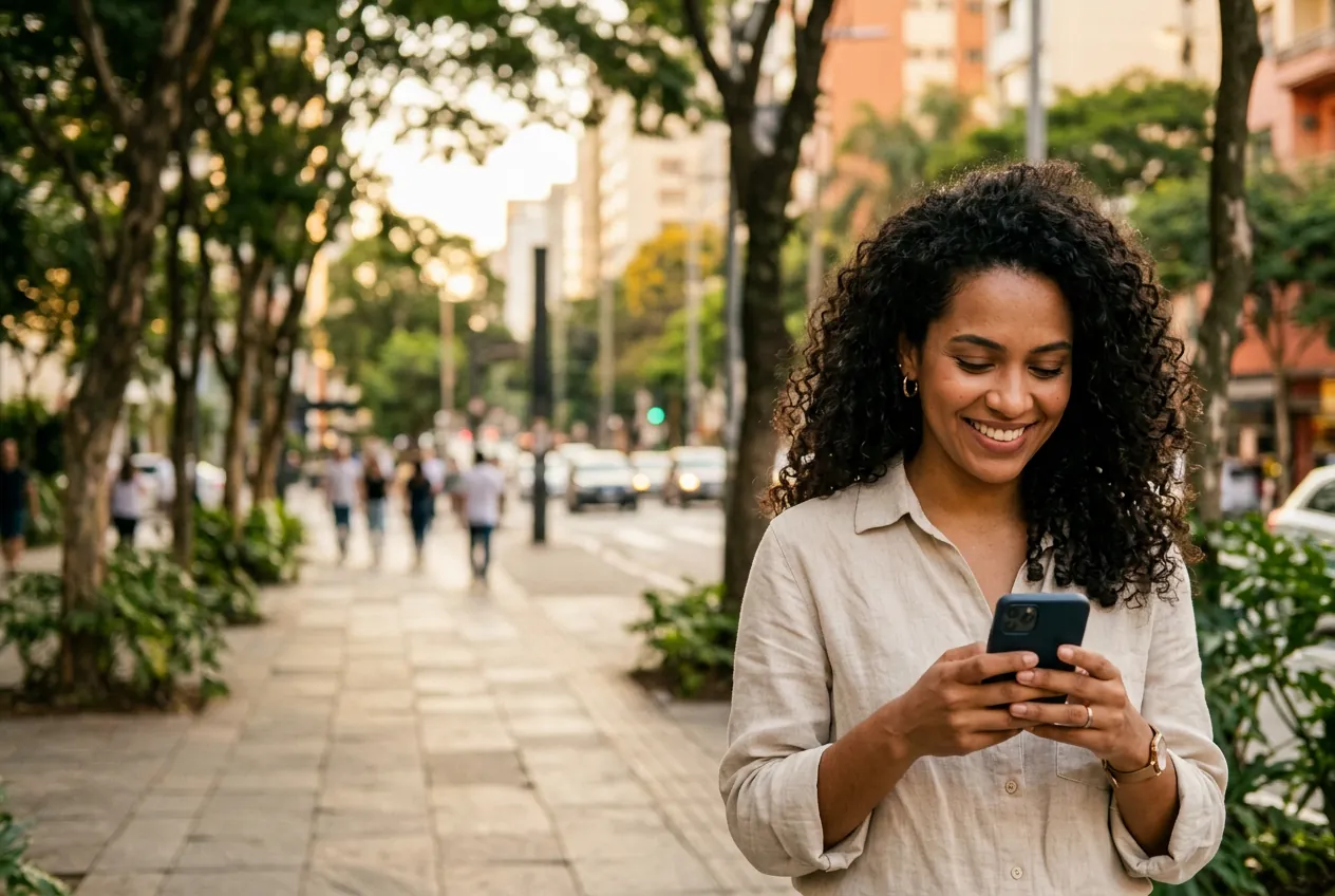 Mulher sorrindo enquanto usa o celular na calçada