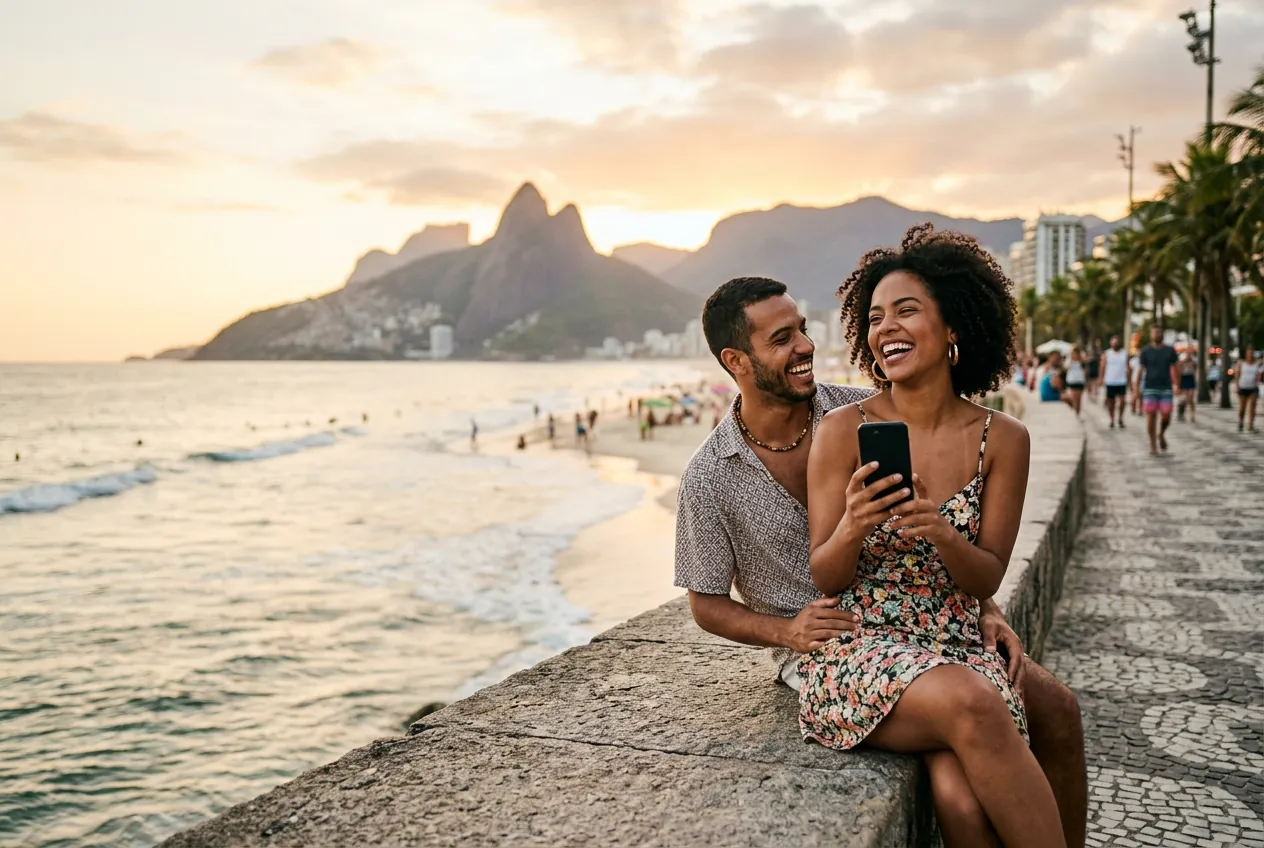 Casal sorrindo com o celular no calçadão da praia