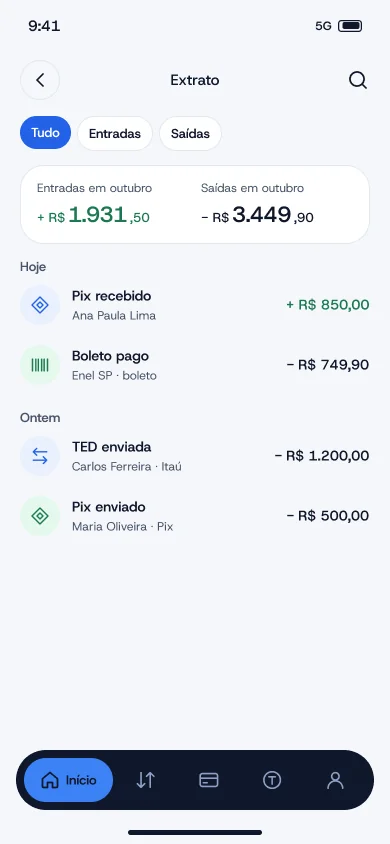 Tela do extrato com entradas e saídas