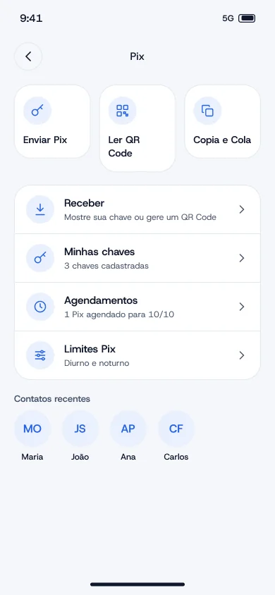 Tela da Central Pix com enviar, ler QR Code e copia e cola