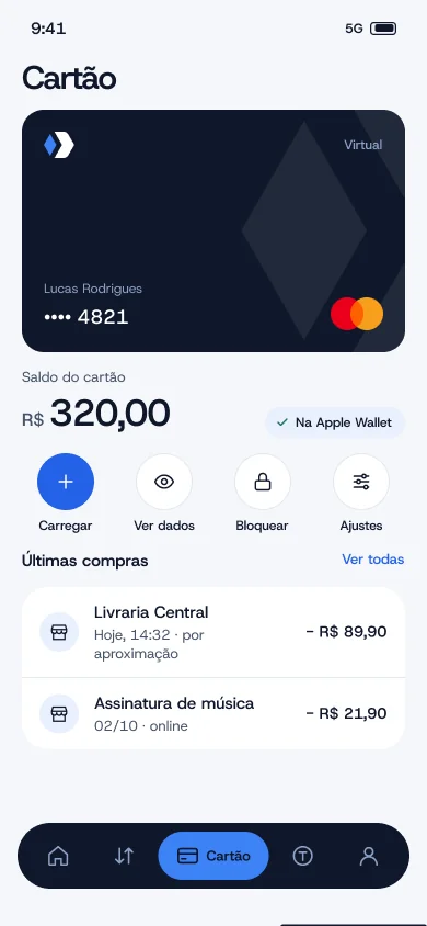 Tela do cartão virtual com saldo de R$ 320,00