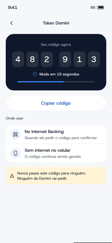 Tela do Token Domini com o código de 6 dígitos