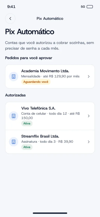 Tela do Pix Automático
