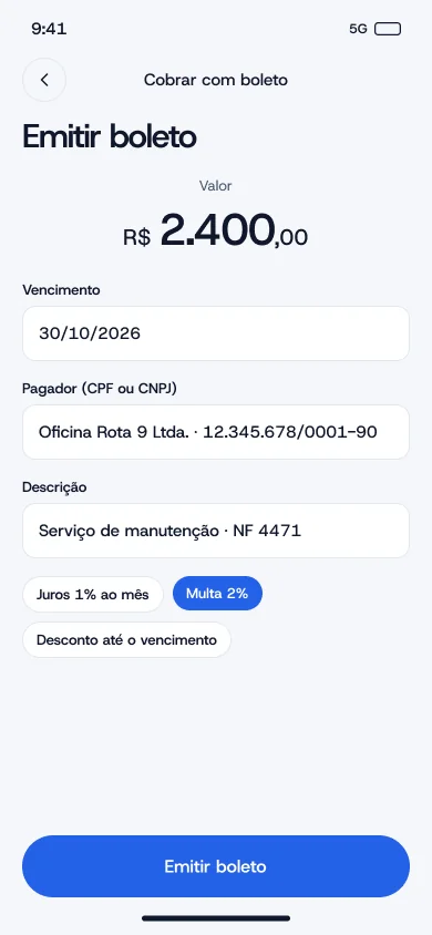 Tela de emitir boleto de R$ 2.400,00