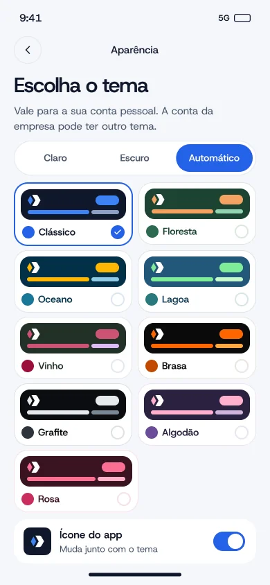 Tela de aparência com a escolha do tema